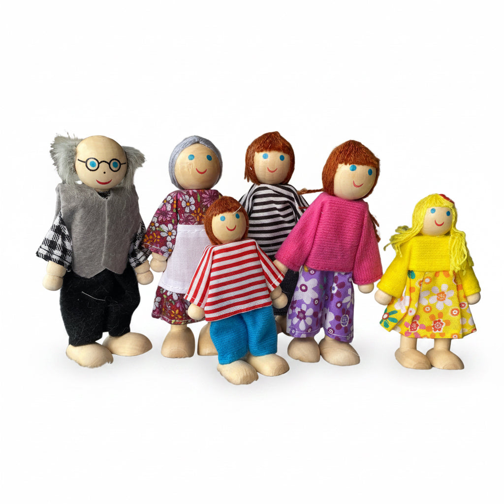 Familia de madera con ropa de tela