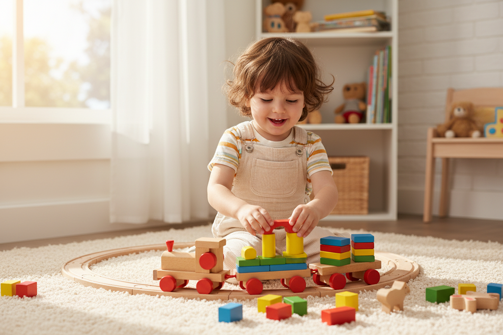 Tren con figuras de encaje de madera